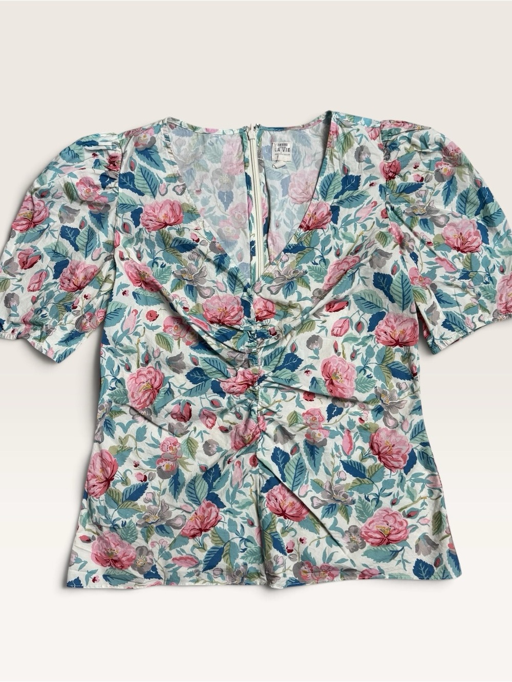La Vie Rebecca Taylor Painted Garden Floral Puff Sleeve Top Small Cotton